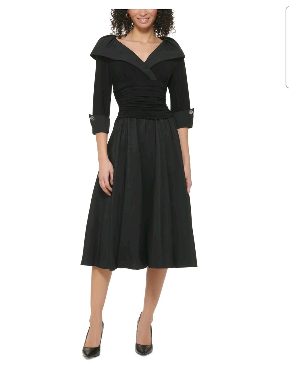 Jessica Howard Black Midi Fit-and-Flare Dress with Wide V Collar